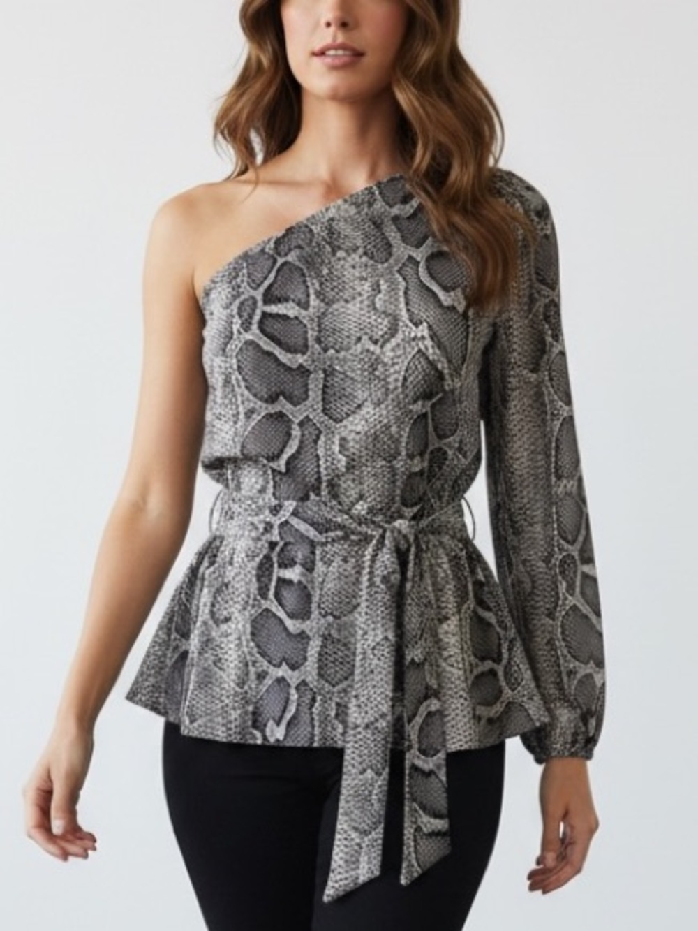 Michael Kors One-Shoulder Snake Print Peplum Top - Black & Gray